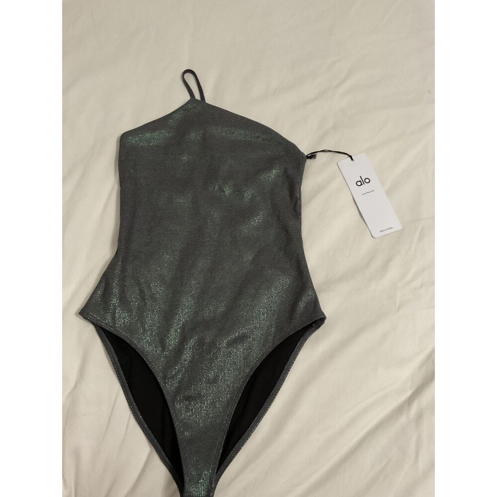Alo Yoga Alosoft Ribbed Shimmer Bodysuit Dark Grey Iridescent Size S NWT - Picture 3 of 8
